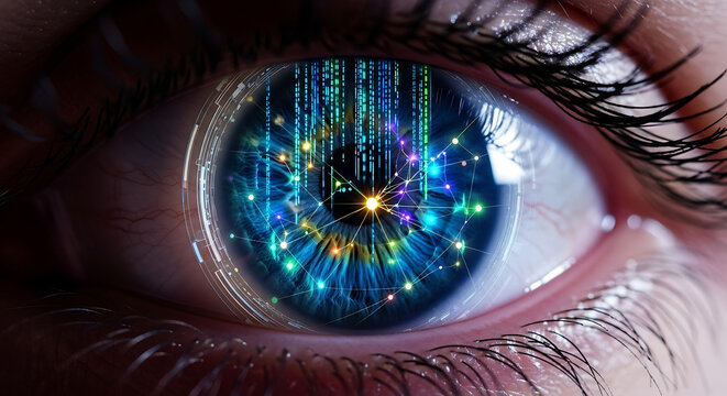 Digital Eye with Binary Code Overlay Representing Artificial Intelligence and Data Flow