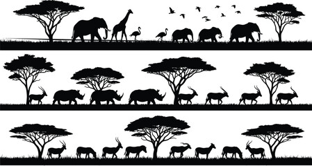 Obraz premium African safari landscape silhouettes with wildlife animals and acacia trees, panoramic jungle scene set isolated on light background, black vector illustration