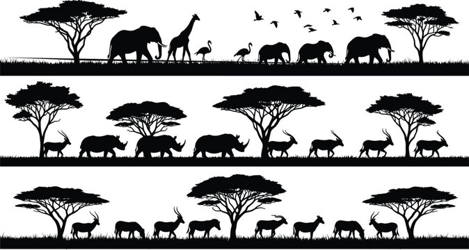 African safari landscape silhouettes with wildlife animals and acacia trees, panoramic jungle scene set isolated on light background, black vector illustration