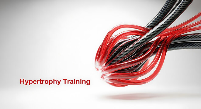 A muscular man is lifting weights in a gym for hypertrophy training with cables and red wires.
