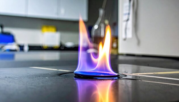 A vibrant violet flame test for potassium conducted in a controlled laboratory environment showing intense colors and scientific experimentation.