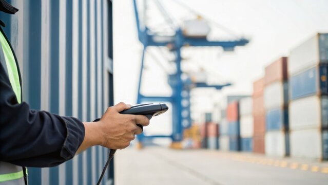 A worker scans a barcode on shipping containers at a busy port with cranes and stacked containers in the background.