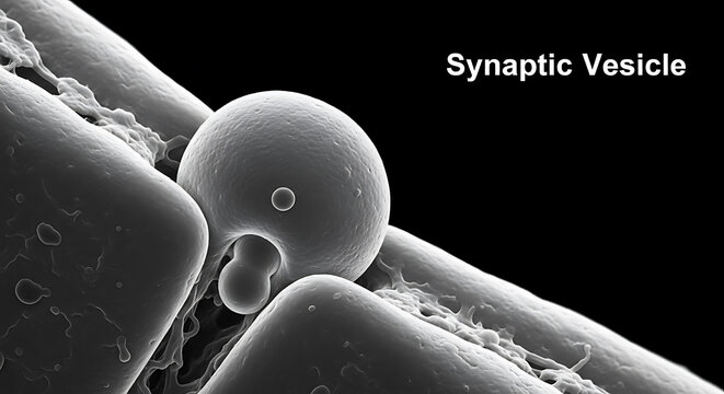 A high magnification image of a synaptic vesicle releasing neurotransmitters between two neurons in a neural network.