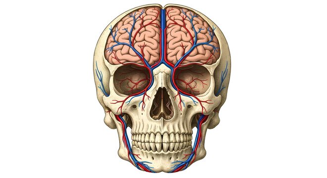 Anatomical illustration of a human skull with visible brain and blood vessels from a front view.