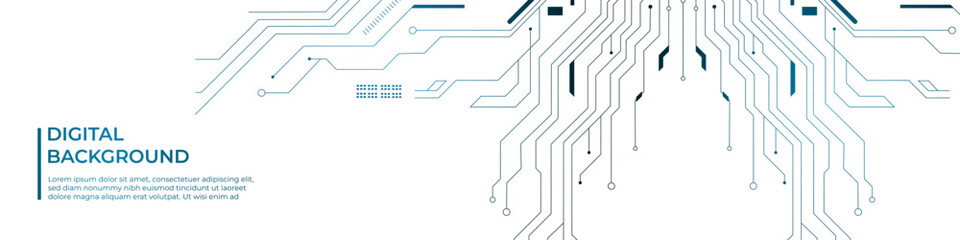 Obraz premium Futuristic digital circuit technology background featuring glowing lines, nodes, and electronic connections. High-tech abstract backdrop inspired by motherboard and data network structure. Perfect for