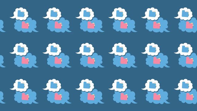 Seamless pattern of cloud storage notifications and folder file management in background animation. Flat design digital copy data transfer and cloud computing communication wallpaper in cartoon style.