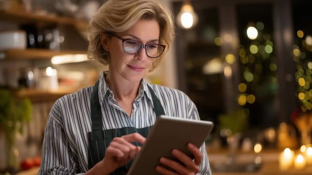 413Single parent managing household smart devices automation schedule on tablet while preparing dinner in modest apartment kitchen at candlelight hour, synchronized routines simplifyi