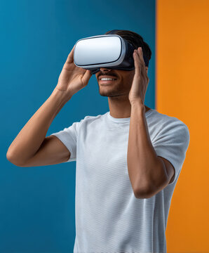 Young man wearing virtual reality headset, smiling and exploring digital world, standing against blue and orange background