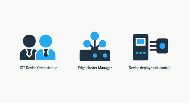 Io t device management icons with internet of things management system management orchestration deployment connection technology automation software collection business computer monitoring