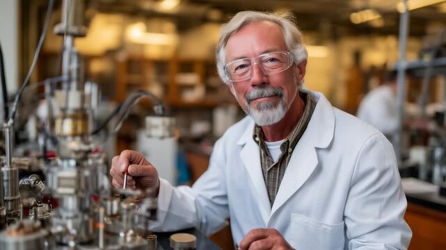 415Senior quantum researcher examining cryogenic cooling system maintaining qubit stability in university physics laboratory, golden afternoon light contrasting with frosted chamber h