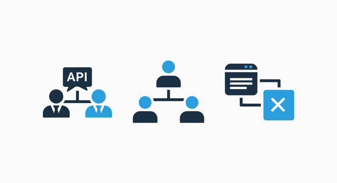 Icons depicting api integration team hierarchy data access with error integration application programming interface hierarchy structure organization connection software development