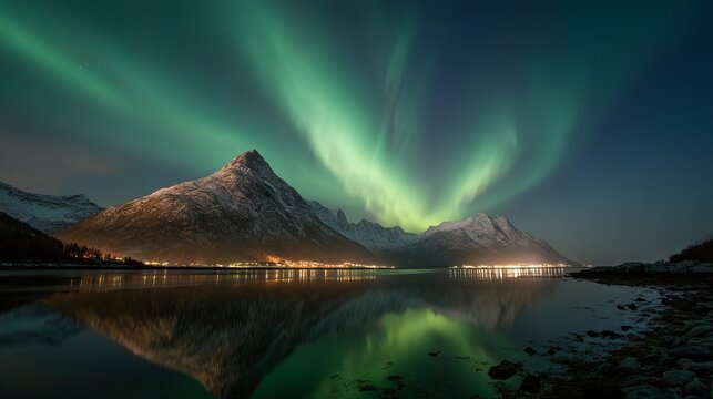 Northern lights danced above Mefjord and Breidtind mountain in Norway's Troms and Finnmark region.