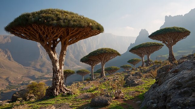 Dragon trees stand tall on Dixam plateau, a special place in Socotra Island, Yemen.