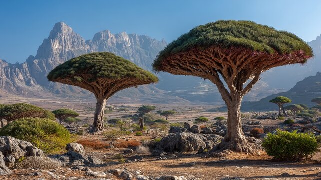Dragon trees stand tall on Dixam plateau, a special place in Socotra Island, Yemen.