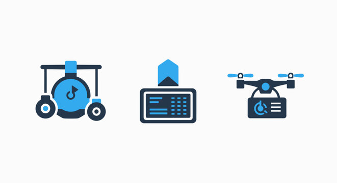 Industrial crane lifting object safe deposit box with upload drone delivering hazardous material package icons industrial delivering hazardous material logistics technology security