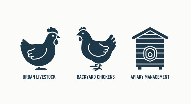 Urban livestock backyard chickens apiary management system icons with small farm animal care smart farming bee farm honey bee chickens agriculture livestock beekeeping management suburban