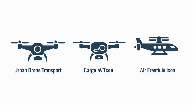 Modern urban aerial transportation icons featuring cargo delivery drone and vertical takeoff landing aircraft designs transport aircraft mobility delivery vertical technology aviation shipping