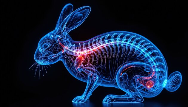 Bioluminescent neon silhouette of a rabbit skeleton shows intricate anatomical details against a dark background.