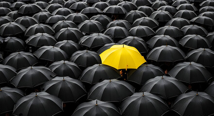 Obraz premium Stand Out From The Crowd Yellow Umbrella Concept