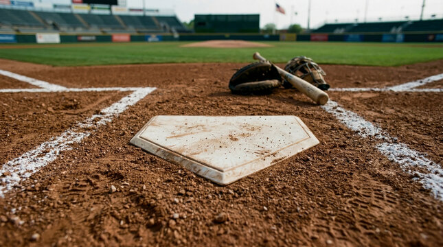Close-up view of home plate on baseball field with bat and glove resting on infield dirt, ready for game to begin under stadium lights