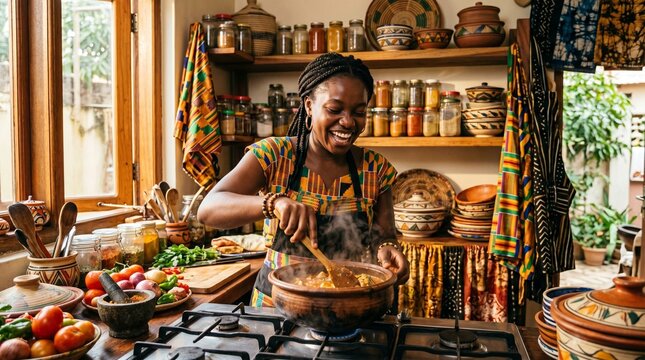 Joyful young Black woman cooking traditional West African meal in a vibrant kitchen. Warm natural light, colorful spices, and handmade ceramics celebrate cultural heritage and authentic culinary art.

