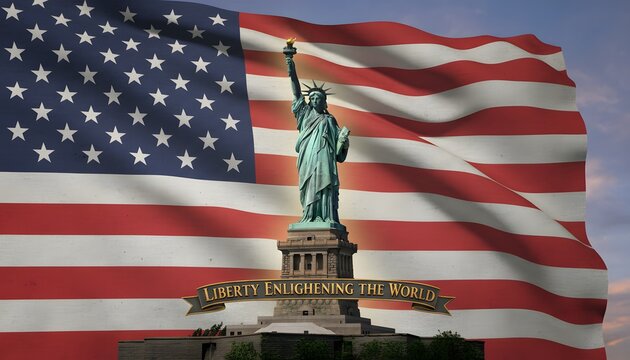 Statue of Liberty Portrait with Large American Flag