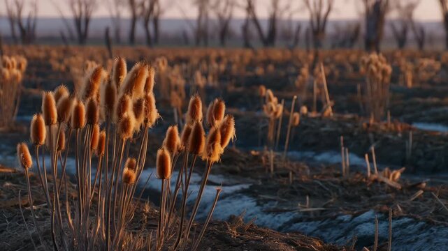 445Desolate agricultural field showing dramatic insect population decline, empty pollinator hotels and wilting crops under golden hour sunlight creating stark environmental contrast,
