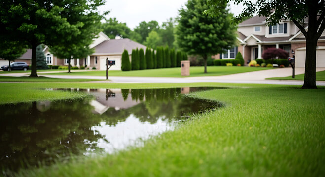 Large Water Puddle on Green Grass in Suburban Street