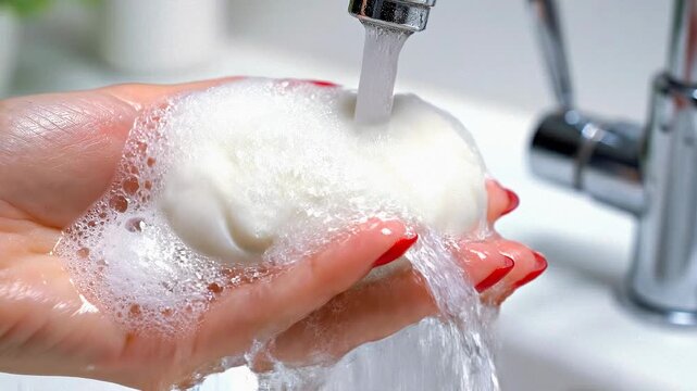 Cleaning a detailed soap sculpture under running water in bathroom setting