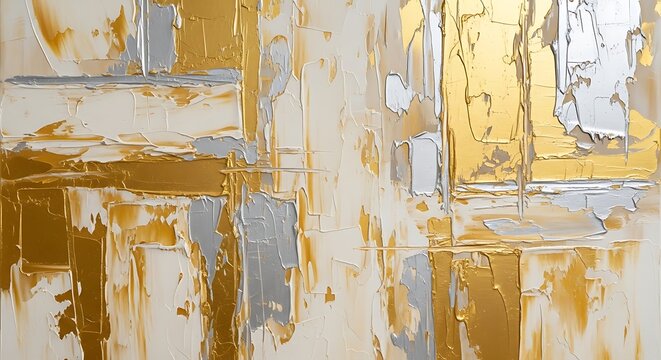 Abstract textured painting with gold silver and white impasto strokes image photo
