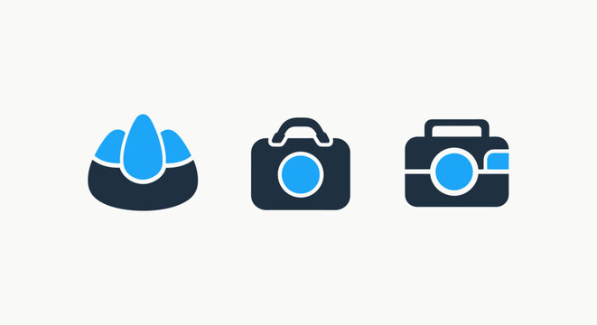 Minimalist icon set representing camera photography and imaging concepts with photography equipment snapshot creative professional infographic template recording viewfinder pictogram