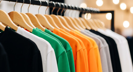 Obraz premium Close Up of Colorful Cotton T-shirts on Wooden Hangers