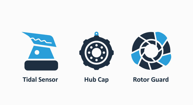 Set of technical icons including tidal sensor hub cap and rotor guard with mechanical engineering hardware components illustration industrial technology machinery equipment technical