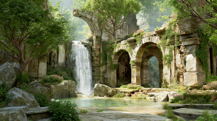 Naklejka premium Enchanted forest ruins with a cascading waterfall and stone arches surrounded by lush greenery, peaceful fantasy landscape with clear water pond.