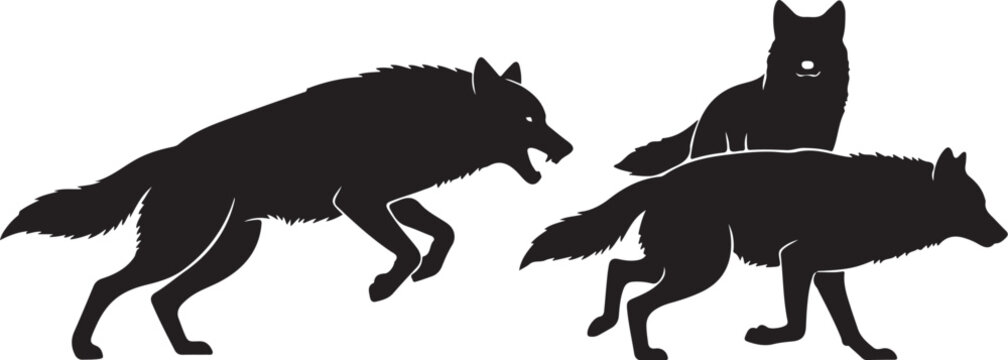 Black wolf pack, silhouette icons, wild animal graphics, vector wolves