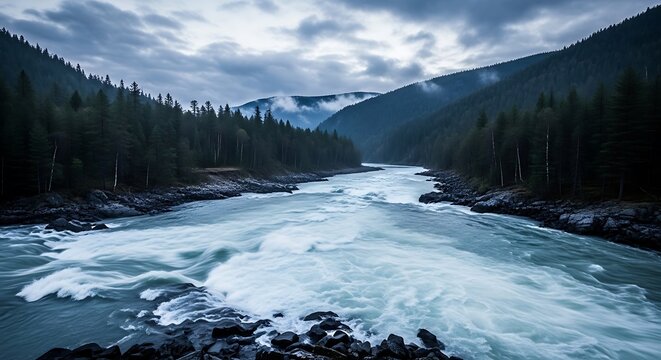 Fast Flowing River Through a Forested Mountain Valley Under Cloudy Sky photo (149