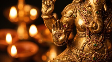 Fototapeta premium Ganesha Idol with Lit Diyas Close-up Shot