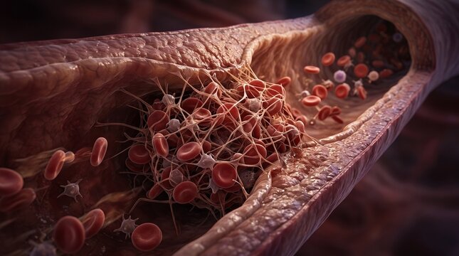 Medical illustration of vessel occlusion by thrombosis and disruption of normal blood circulation.
