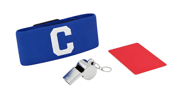 A blue referee card box with a white C, a silver whistle, and a red card on a transparent background