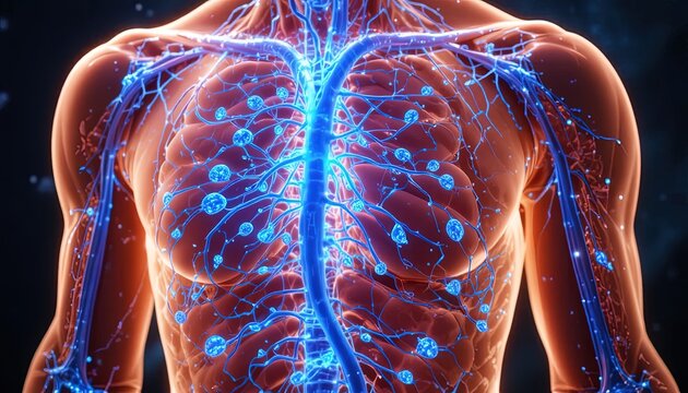 Human circulatory and lymphatic system anatomy displayed with glowing blue vessels inside a translucent torso.