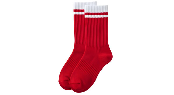 A pair of red socks with white stripes on transparent background