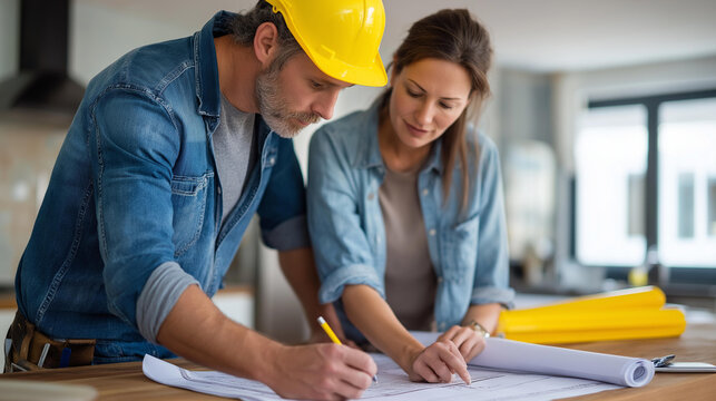 Construction worker and homeowner reviewing renovation plans at a kitchen table, home improvement planning and contractor interaction concept, defocused background, with copy space
