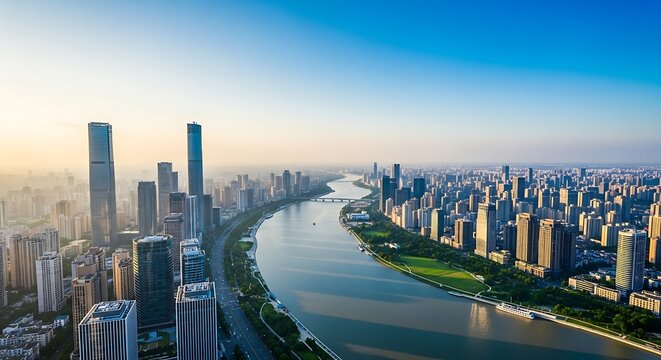 Panoramic Aerial View of a Modern Cityscape with a Winding River and Tall Skyscrapers urban