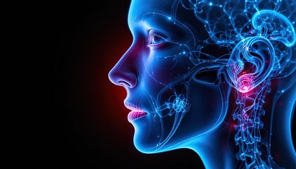 Obraz premium Digital rendering shows a human silhouette with glowing neural networks.
