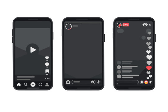 Social Media App Interface Mockups for TikTok Reels and Instagram Stories on Smartphone Screens; Vector Illustration of Live Stream, Video Player, and Story Layouts for Mobile Marketing UI UX.