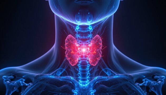 Glowing thyroid gland is highlighted within a digital rendering of the human neck anatomy.