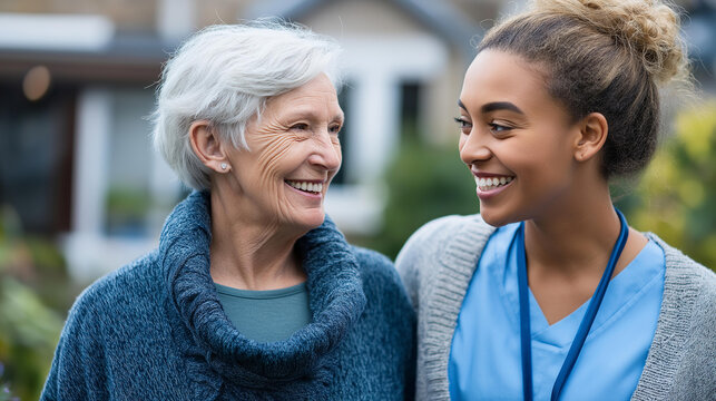 Resident and nurse sharing a warm moment outside in a retirement home garden, senior care and compassionate nursing concept, defocused background, with copy space