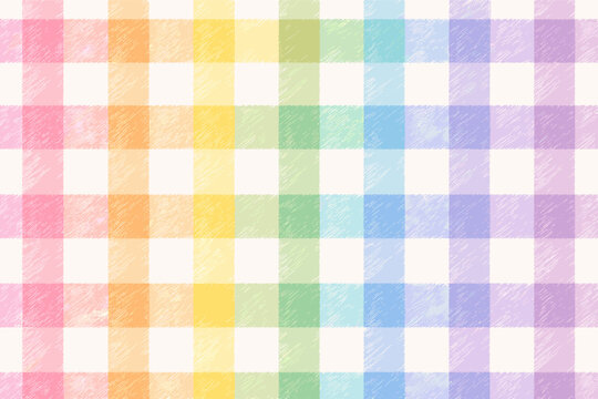 Retro Pastel Rainbow Gingham Pattern Background with Hand Drawn Textured Checkered Squares in Soft Pride Flag Colors for Wallpaper, Textile Design, Scrapbooking, and Decorative Backdrop.