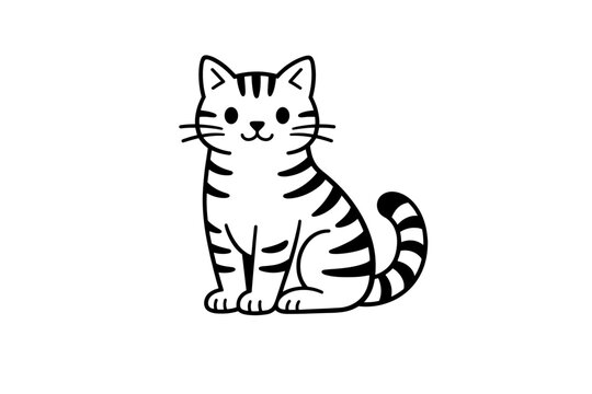 Cute Tabby Cat Sitting Naive Line Art Vector Illustration. Minimalist Black and White Feline Drawing. Simple Cartoon Kitten Sketch for Coloring Book, Logo, or Icon. Isolated on White Background.