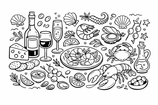 Hand Drawn Seafood and Wine Aperitif Doodle Line Art Vector Illustration Set with Lobster, Shrimp, Crab, Shells, Cheese, Olives, and Wine Glasses for Mediterranean Restaurant Menu and Food Design